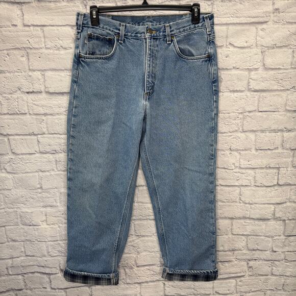 Carhartt Flannel Lined Mens 35x28 Jeans Relaxed Fit Straight Leg Light Wash - Picture 2 of 9